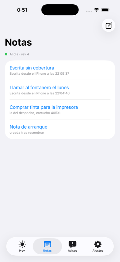 Pantalla de notas, sincronizadas con el ordenador.